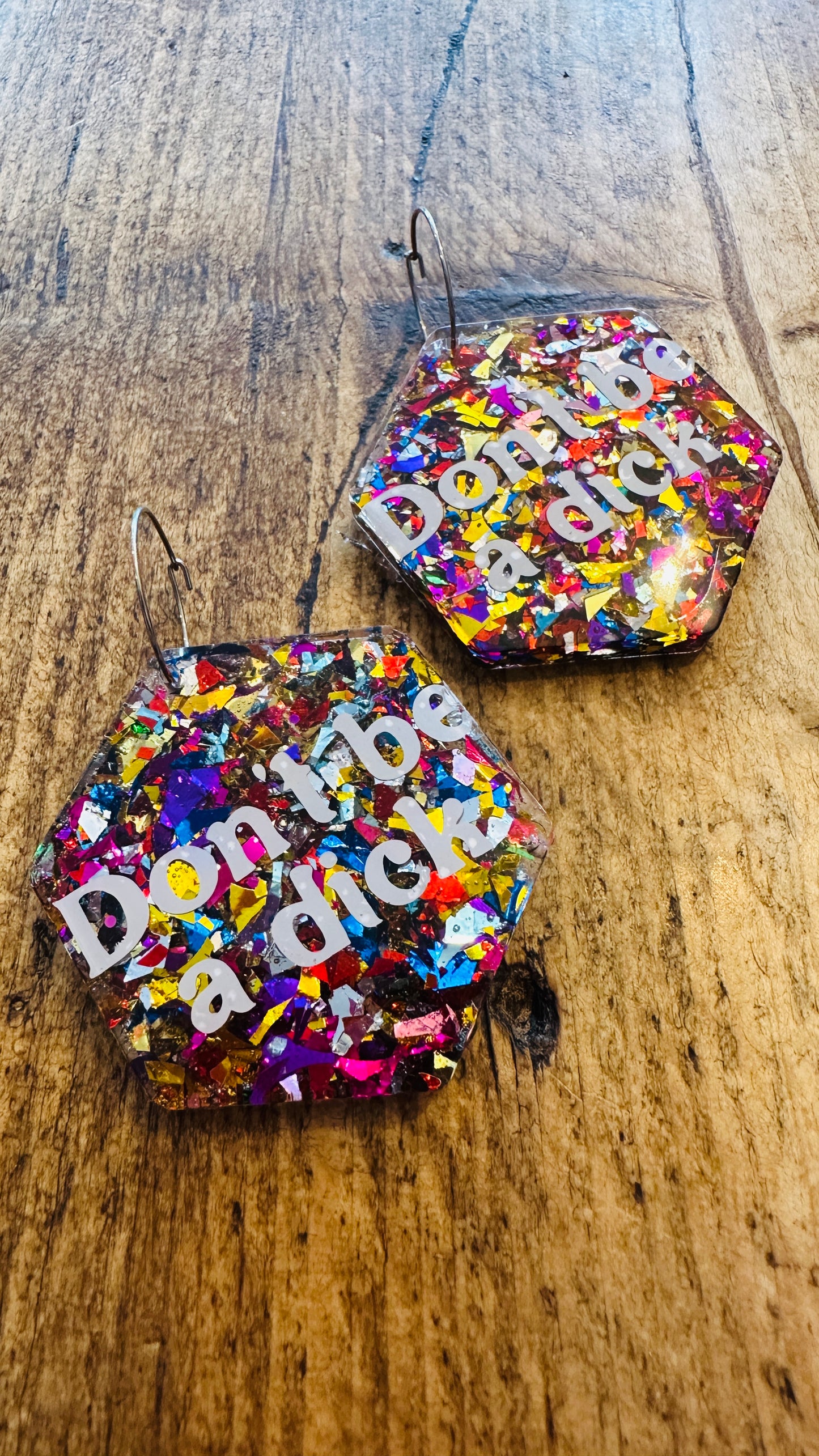Handmade don’t be a d*ck earrings! Sterling silver, glitter, sparkle, rude, adult, mature, offensive, sweaty