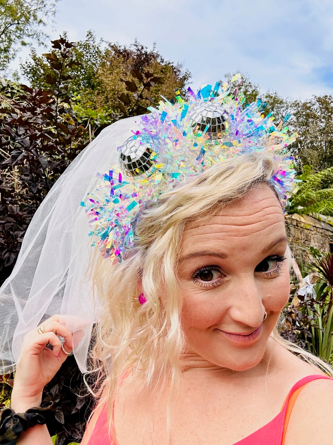 Hen do Disco Time headband! Veil, disco balls, bachelorette, party, bride, wedding, iridescent