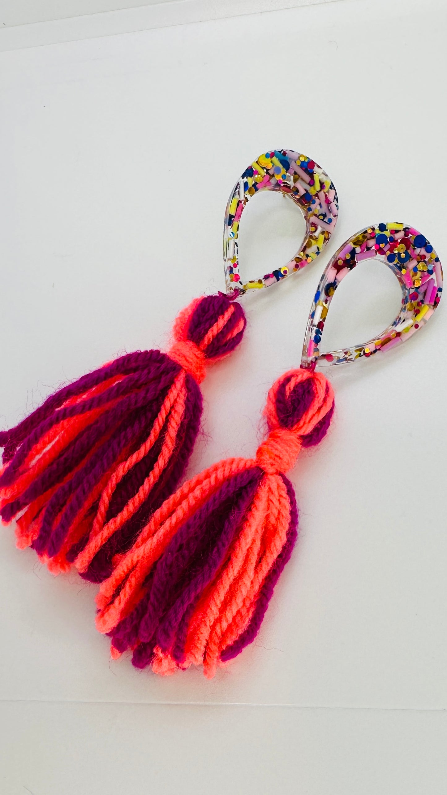 Handmade tassel resin earrings in bright magenta & coral with sprinkles and glitter