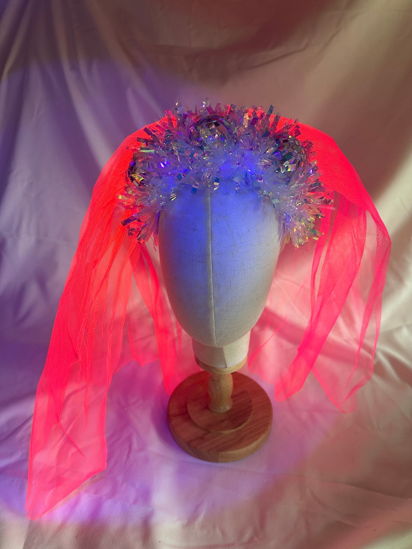 Hen do Disco Time headband! Handmade with pink veil, disco balls, bachelorette, party, bride, wedding, iridescent, bright, alternative, unconventional, glitter, neon, UV