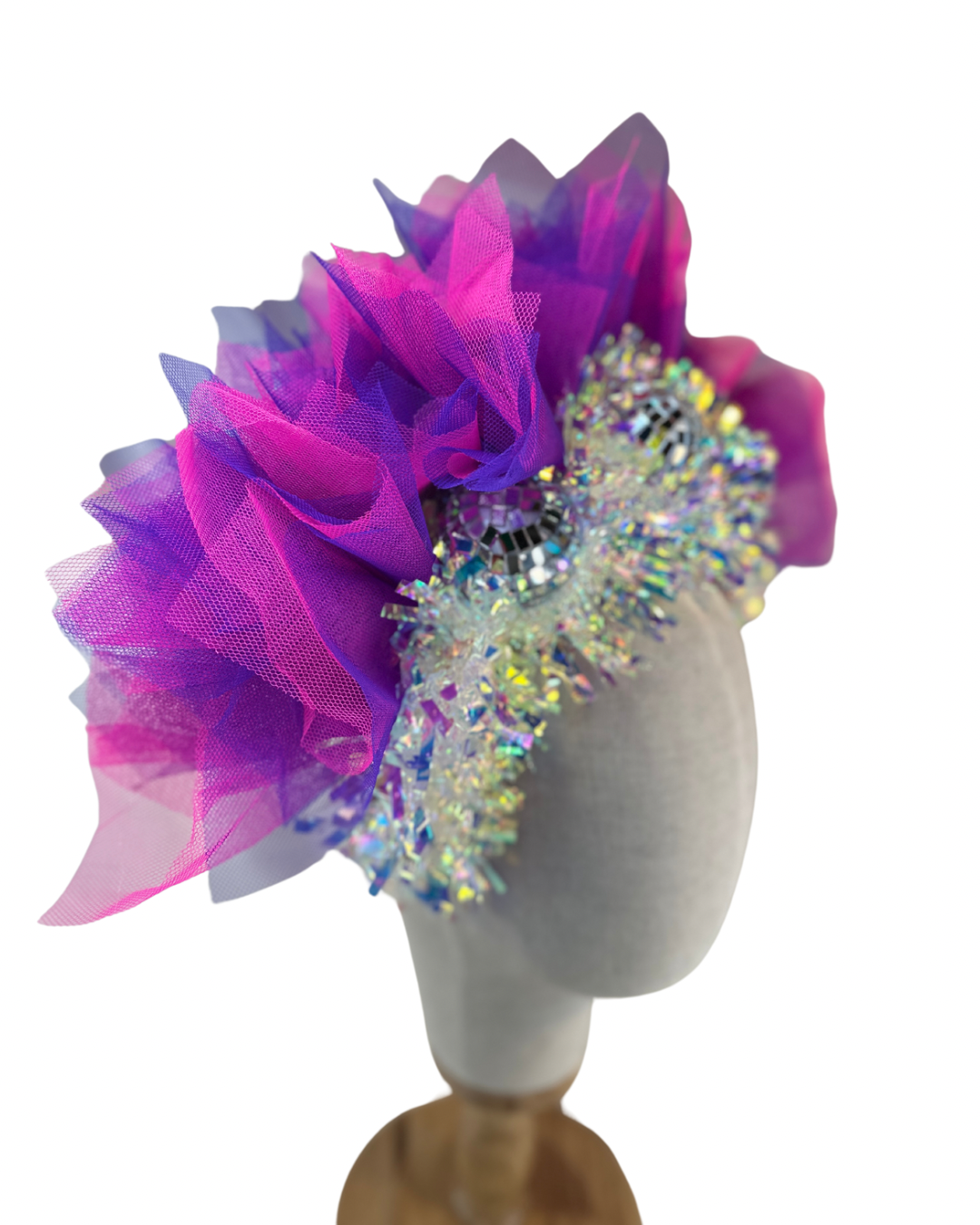 Disco ball net headband with iridescent sparkle - pink & purple UV