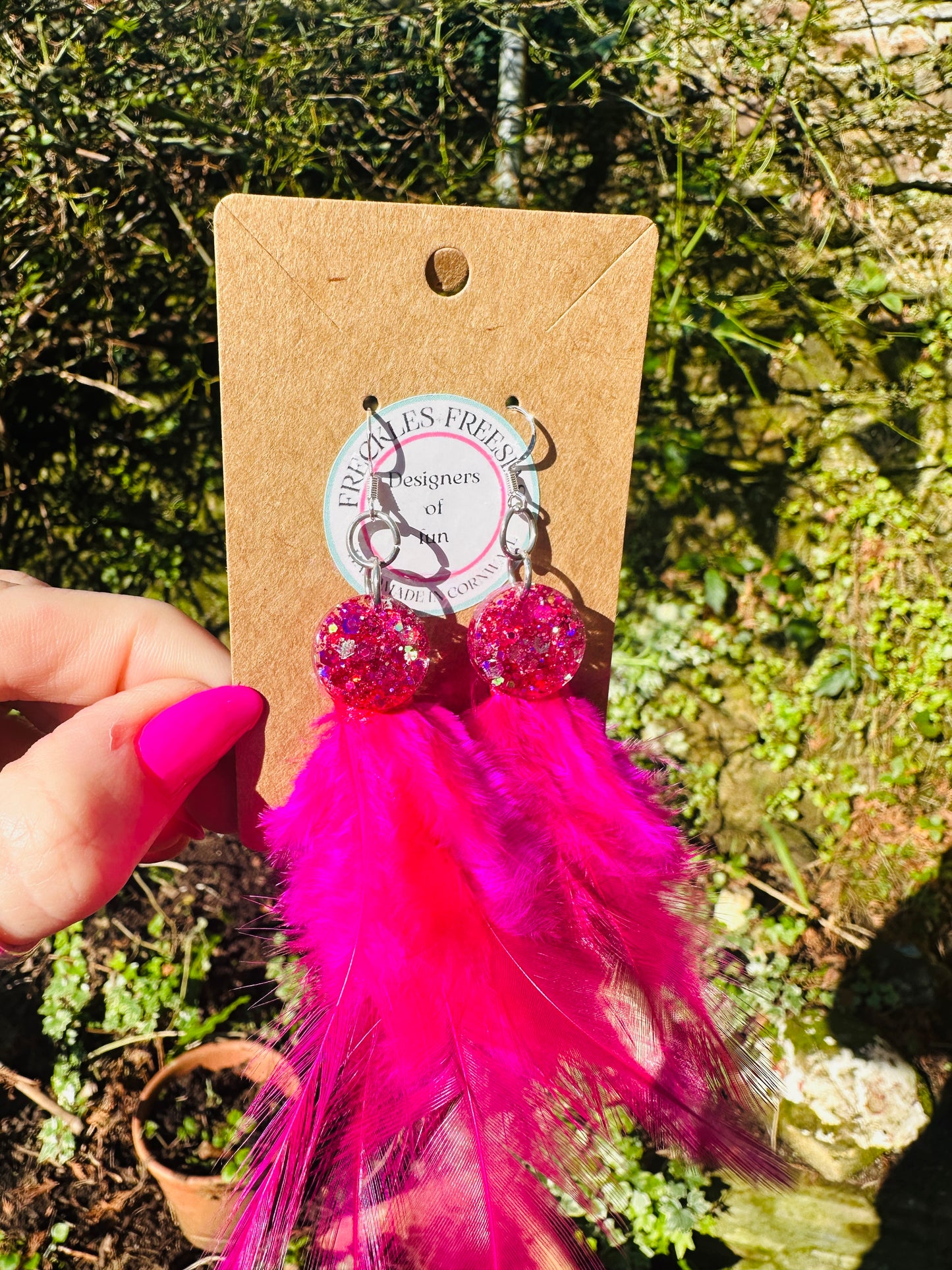 Apollo resin and feather hot pink handmade earrings