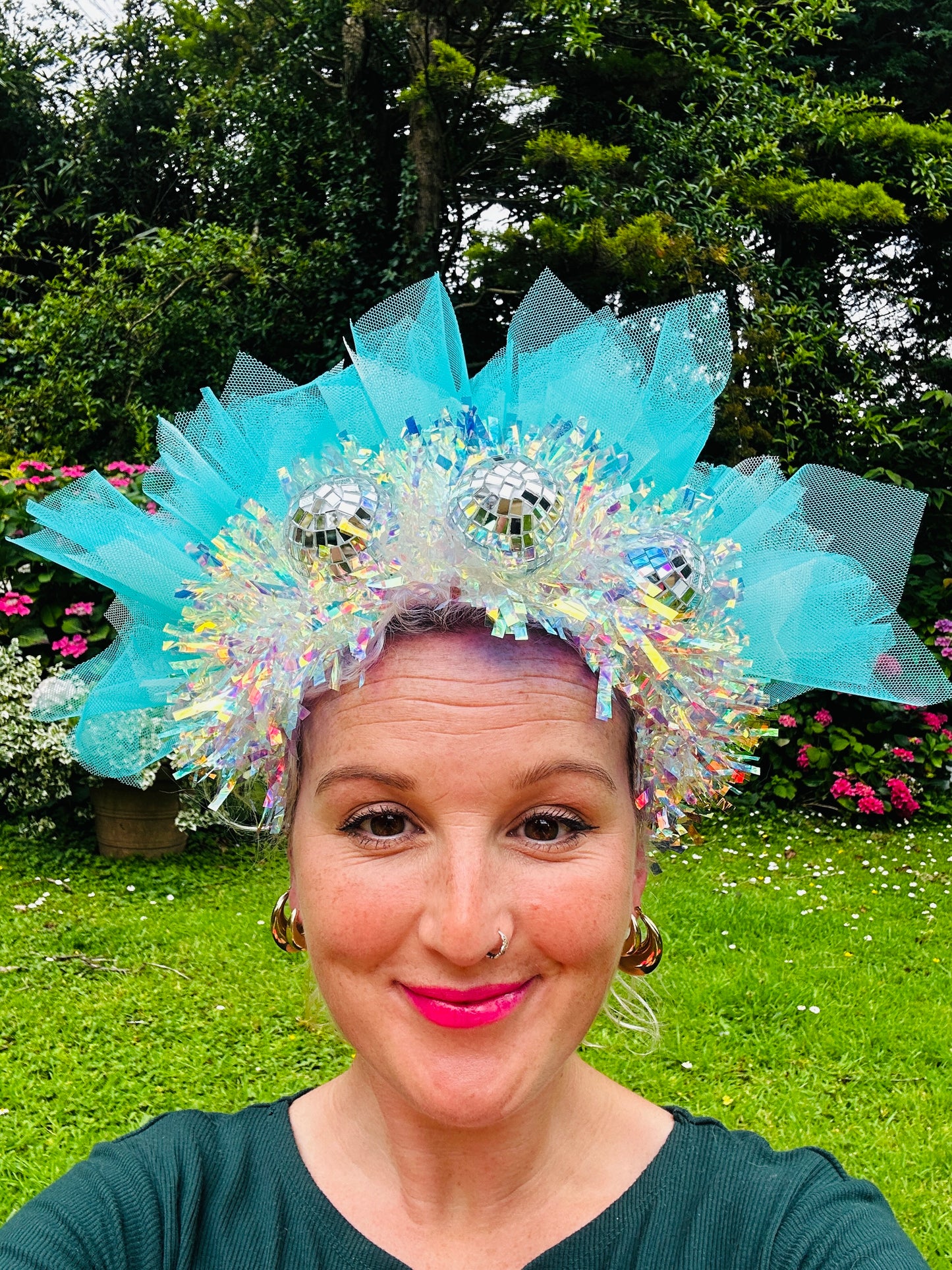 Disco ball blue net headband with iridescent sparkle!