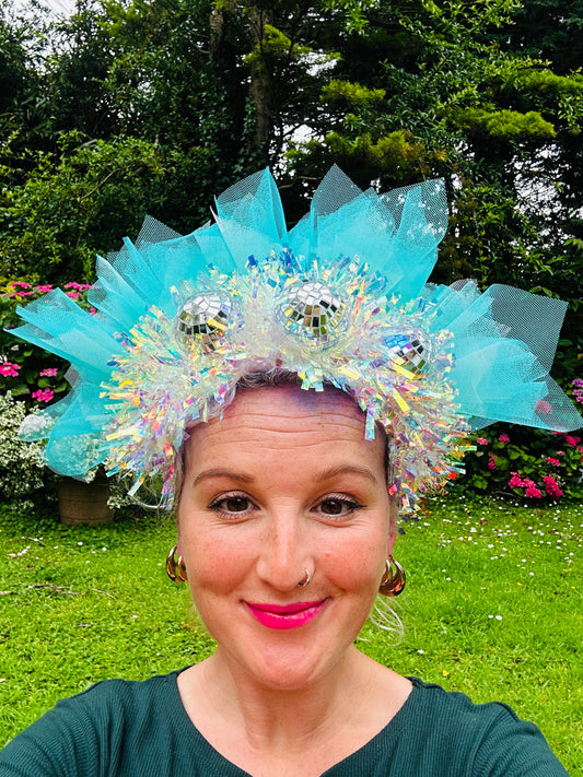Disco ball blue net headband with iridescent sparkle!
