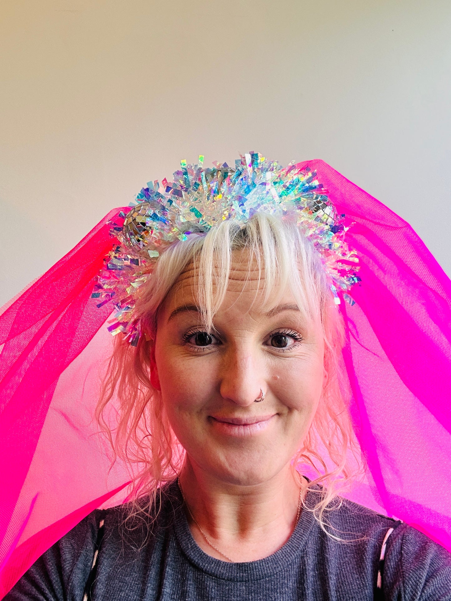 Hen do Disco Time headband! Veil, disco balls, bachelorette, party, bride, wedding, iridescent, bright, alternative, unconventional, glitter