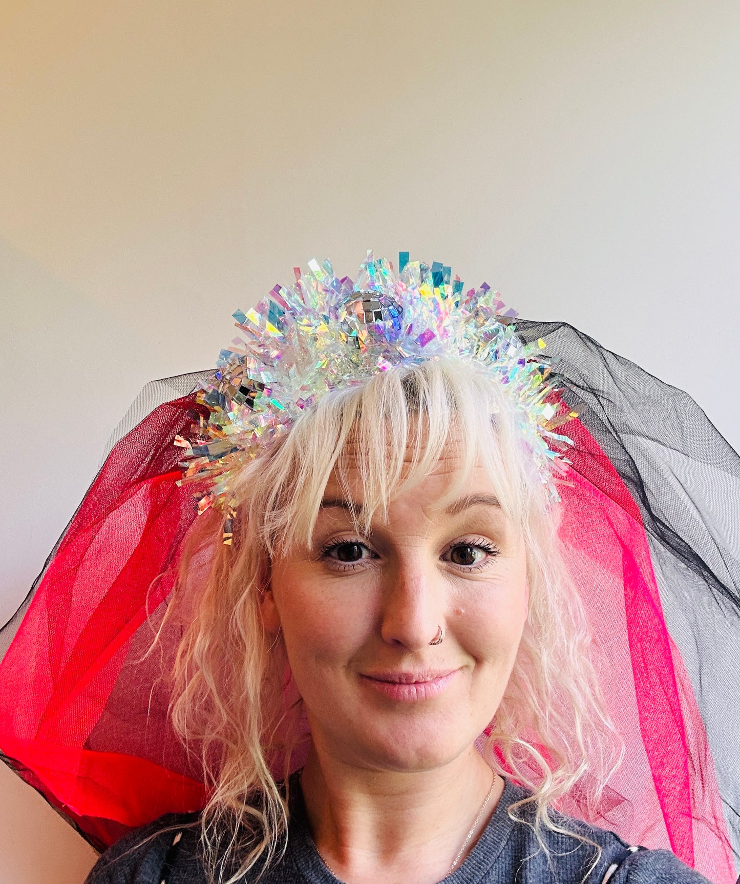 Hen do Disco Time headband! Veil, disco balls, bachelorette, party, bride, wedding, iridescent, bright, alternative, unconventional, glitter