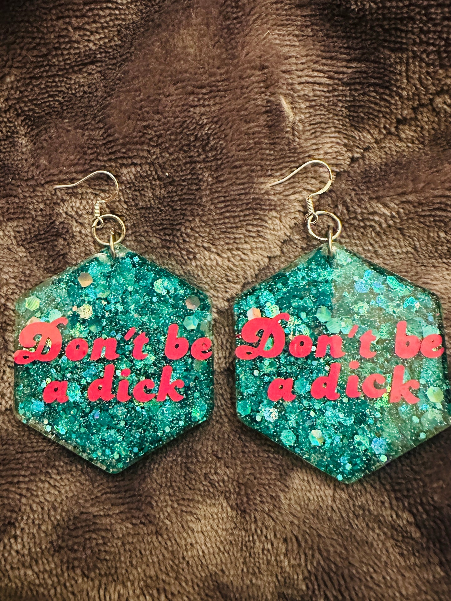 Handmade don’t be a dick earrings! Sterling silver, glitter, sparkle, rude, adult, mature, offensive, sweary