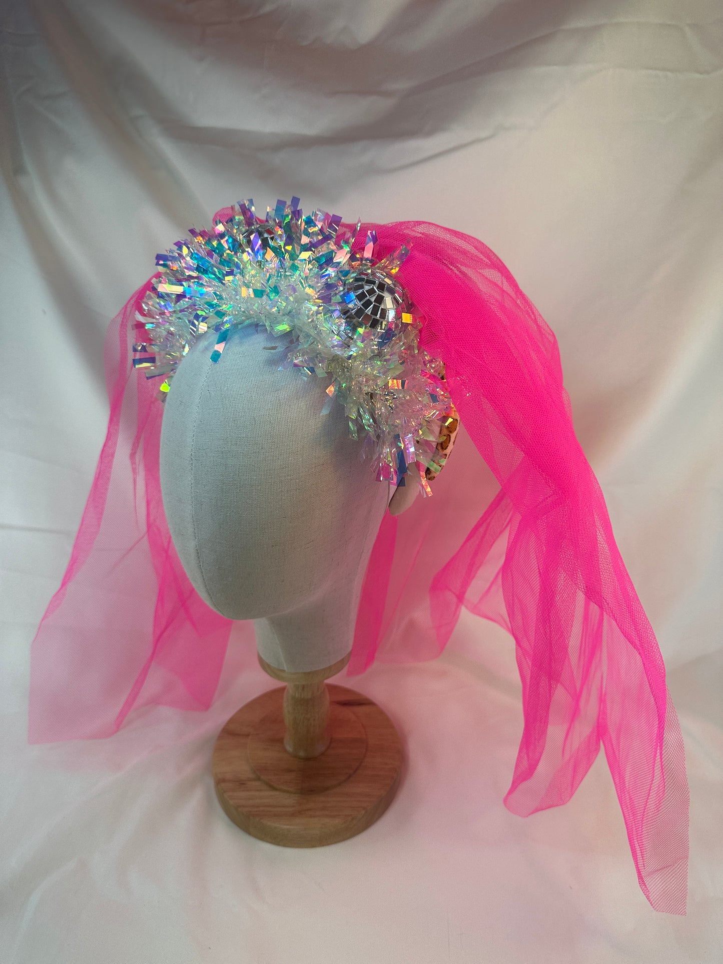 Hen do Disco Time headband! Handmade with pink veil, disco balls, bachelorette, party, bride, wedding, iridescent, bright, alternative, unconventional, glitter, neon, UV