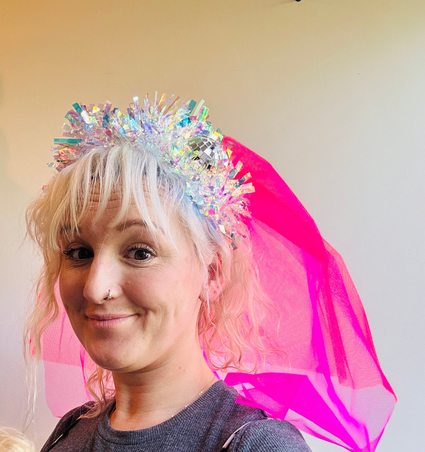 Hen do Disco Time headband! Veil, disco balls, bachelorette, party, bride, wedding, iridescent, bright, alternative, unconventional, glitter