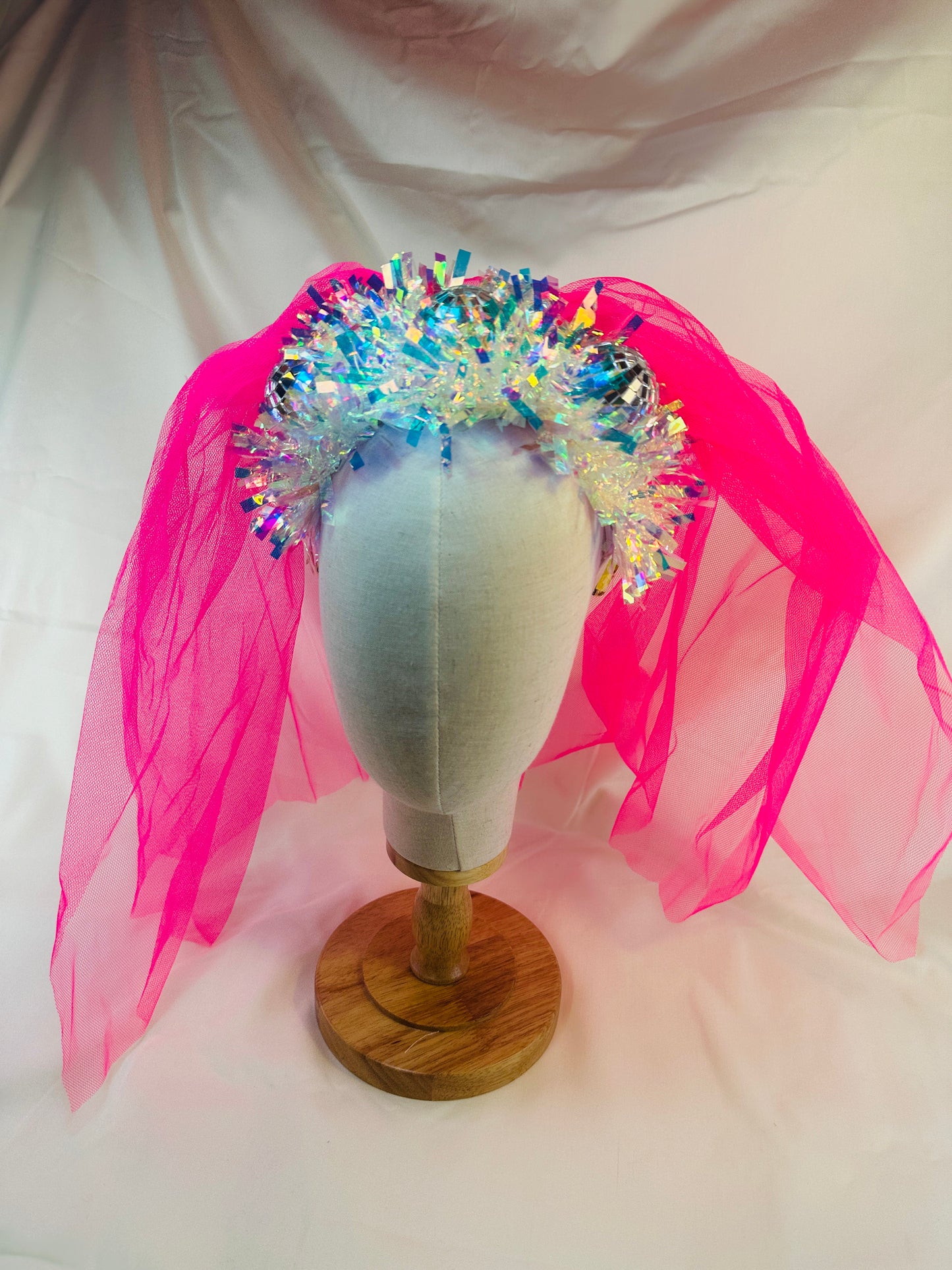 Hen do Disco Time headband! Handmade with pink veil, disco balls, bachelorette, party, bride, wedding, iridescent, bright, alternative, unconventional, glitter, neon, UV
