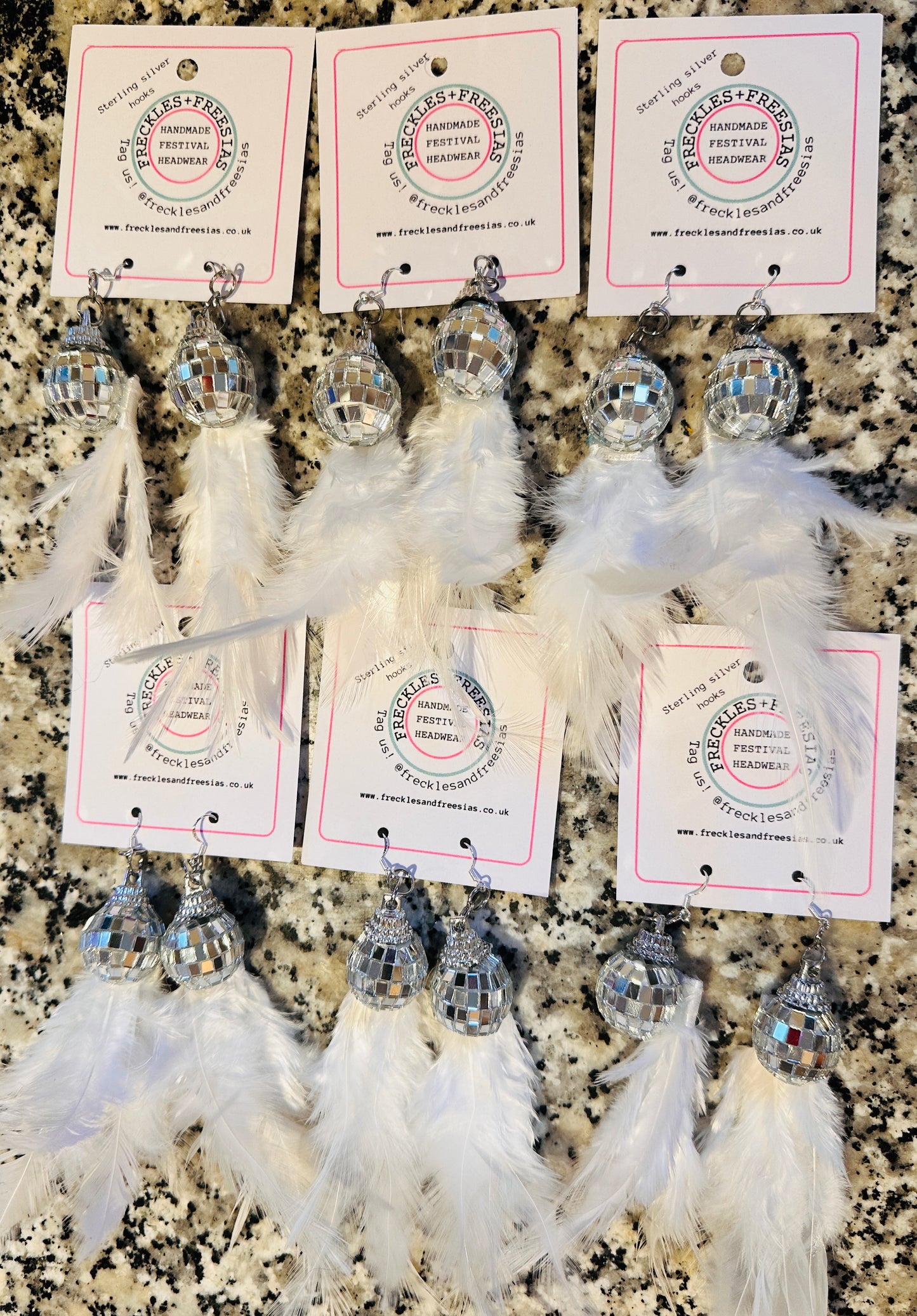 Disco ball & white feather earrings