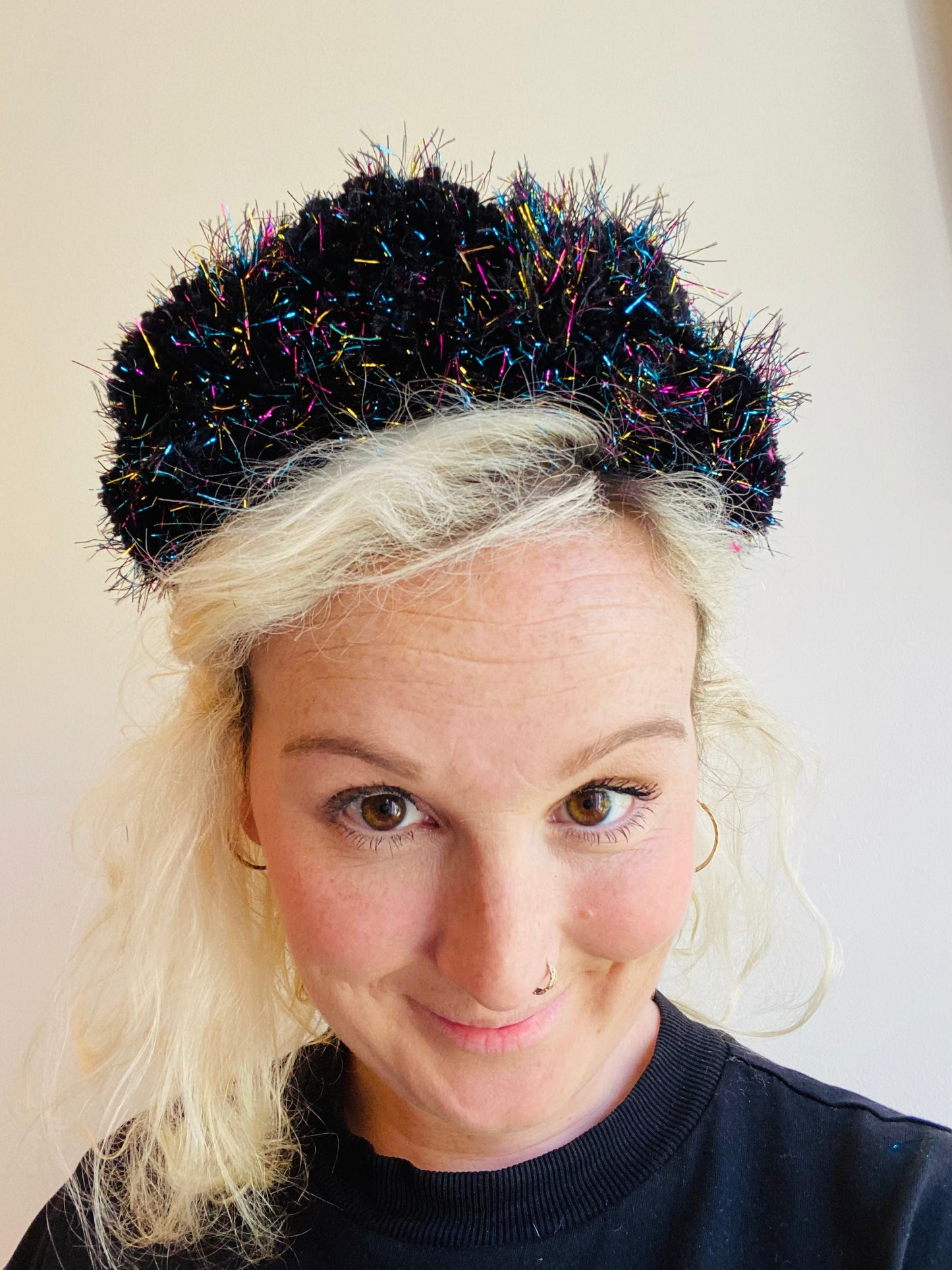 Black and rainbow sparkle pom pom headband