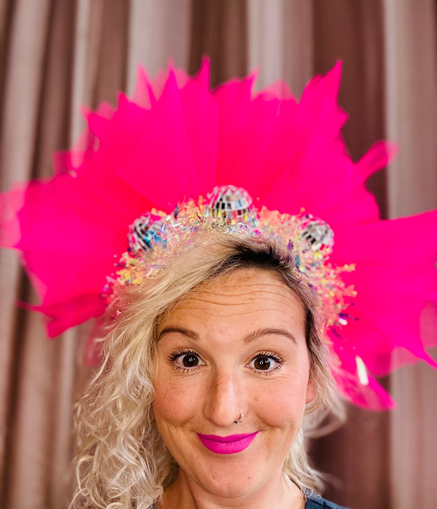Disco ball Barbie pink net headband with iridescent sparkle!