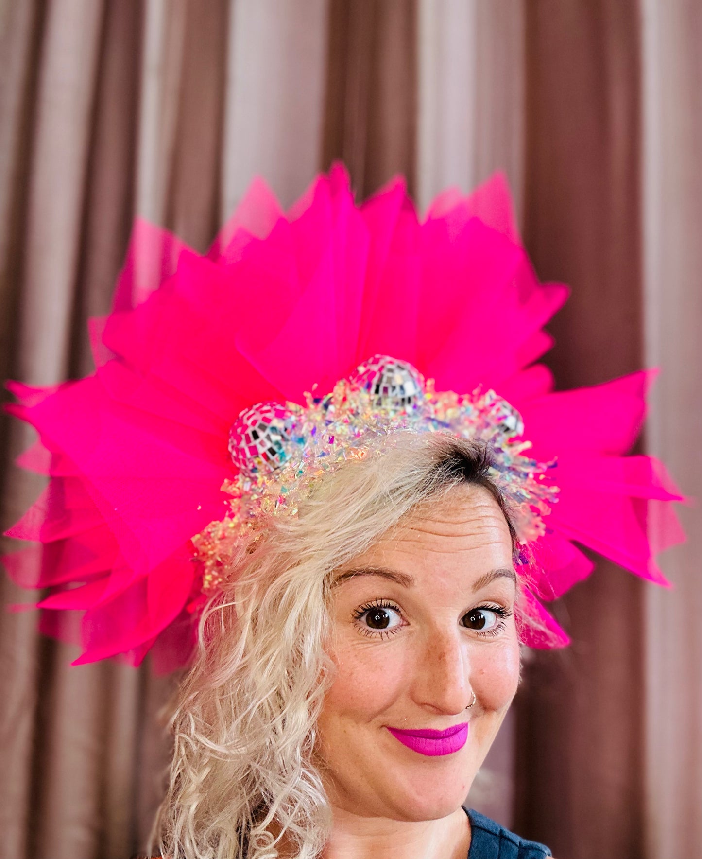 Disco ball Barbie pink net headband with iridescent sparkle!