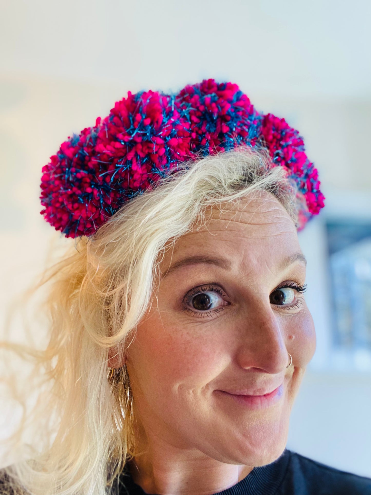 Pink and blue sparkle pom pom headband
