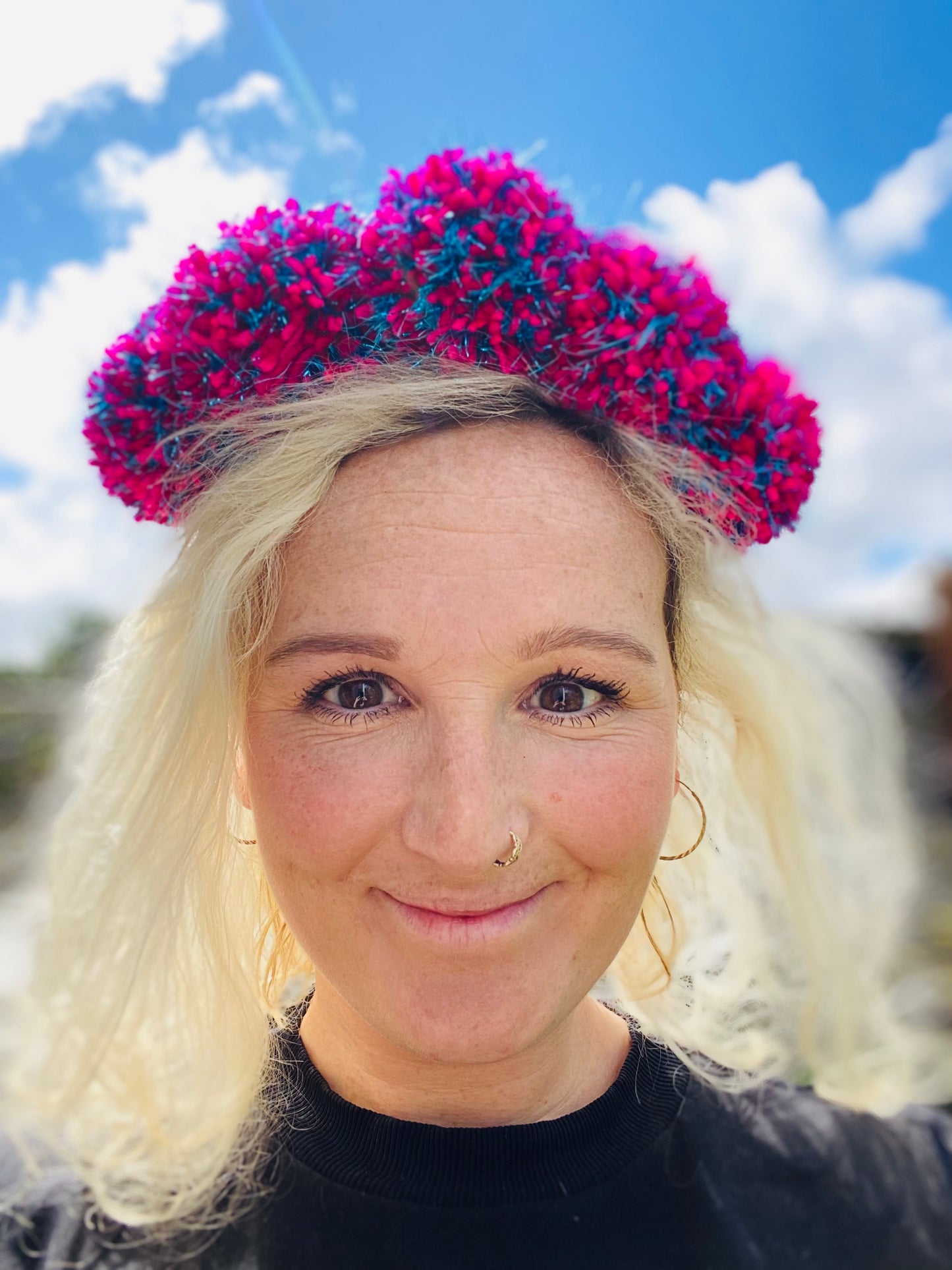 Pink and blue sparkle pom pom headband