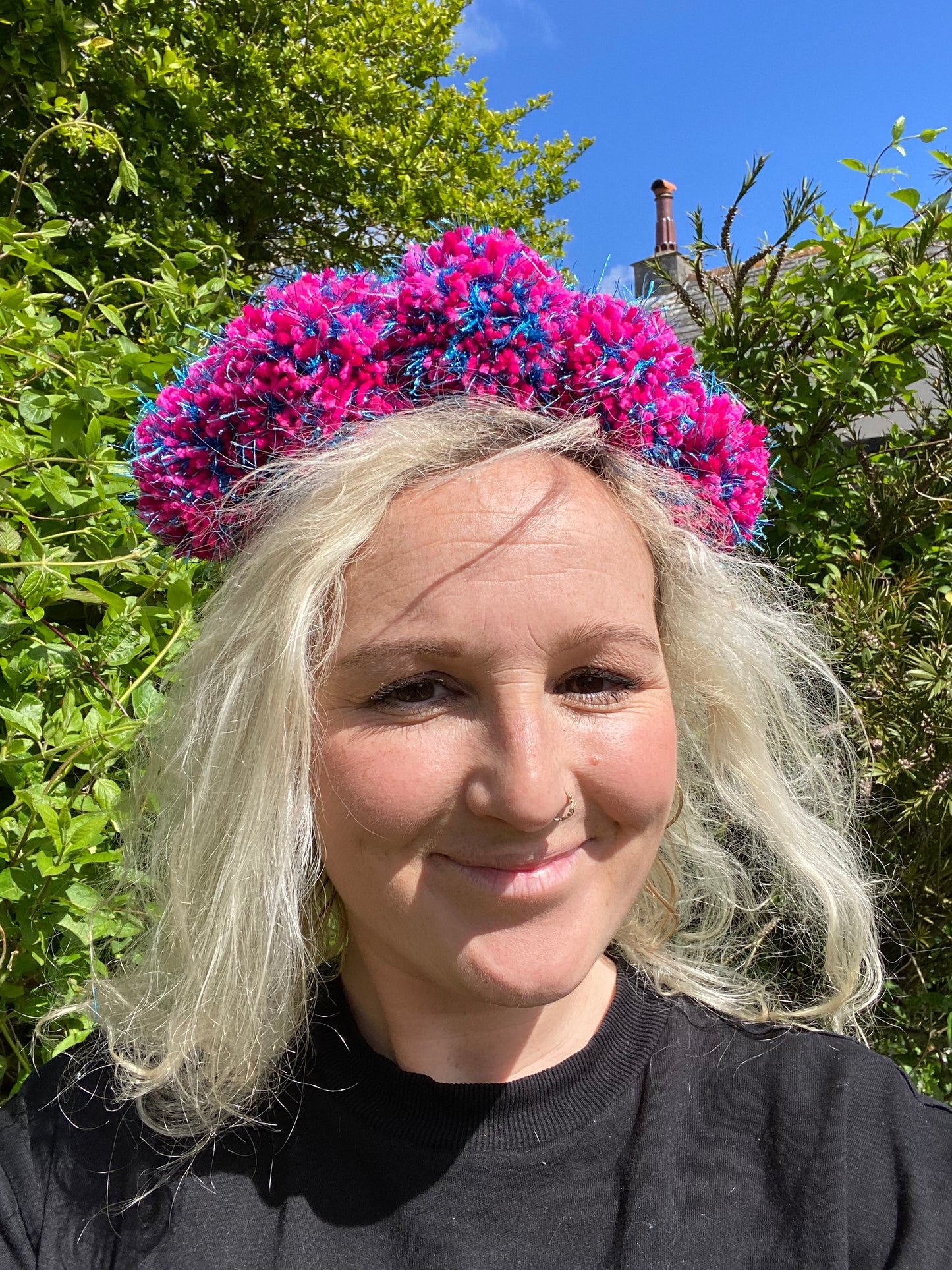 Pink and blue sparkle pom pom headband