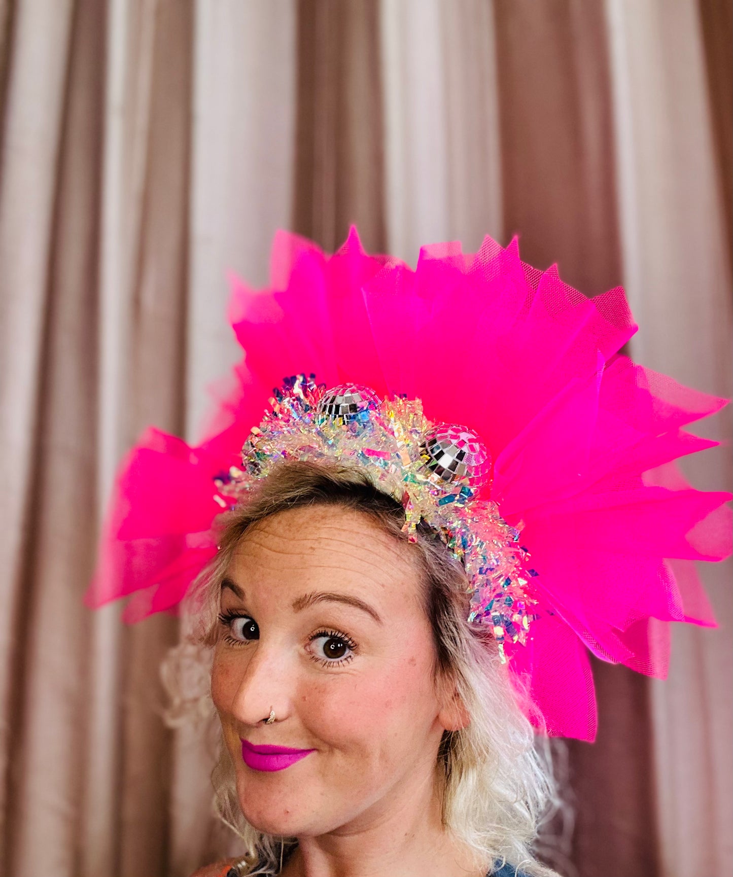 Disco ball Barbie pink net headband with iridescent sparkle!