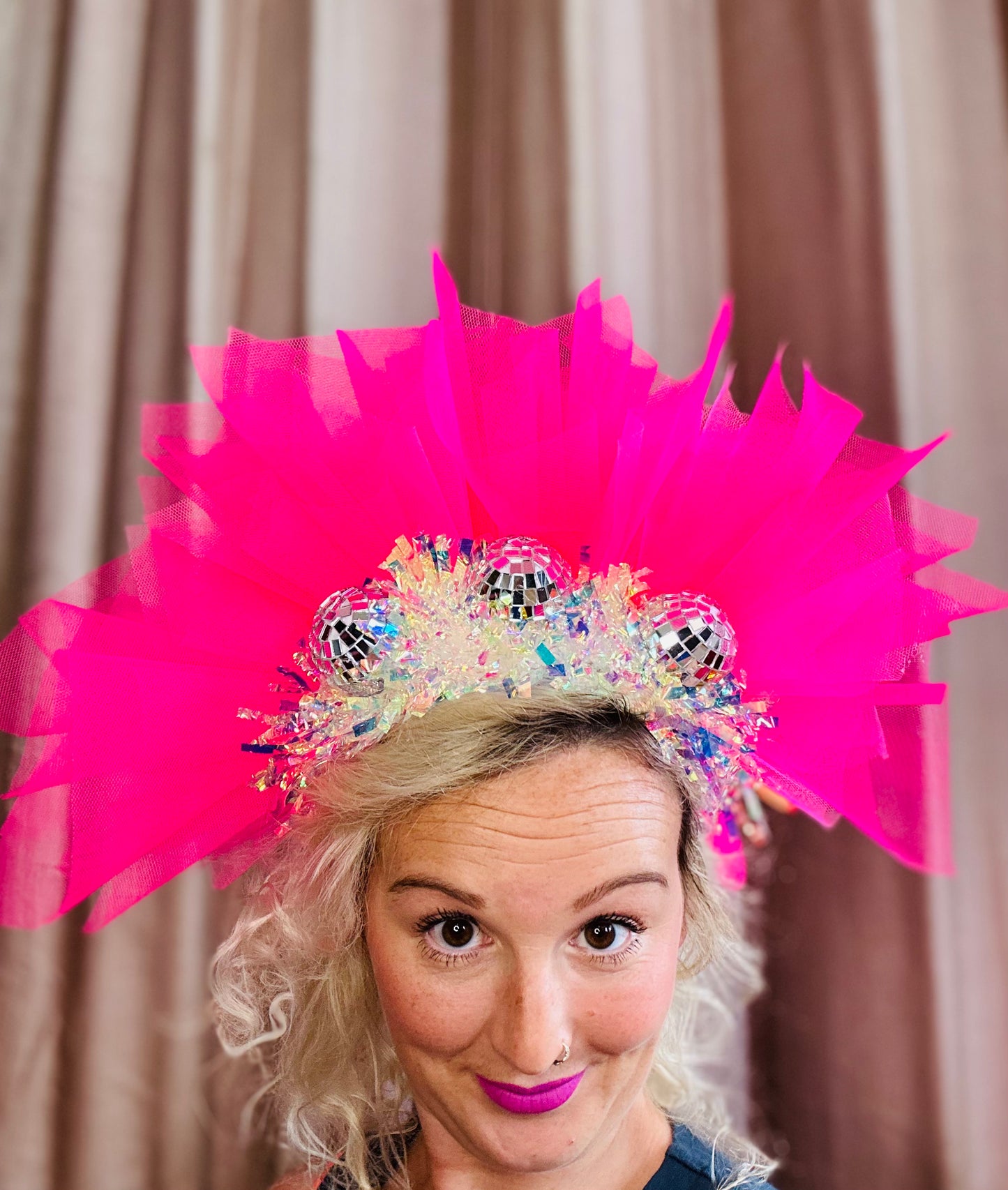 Disco ball Barbie pink net headband with iridescent sparkle!