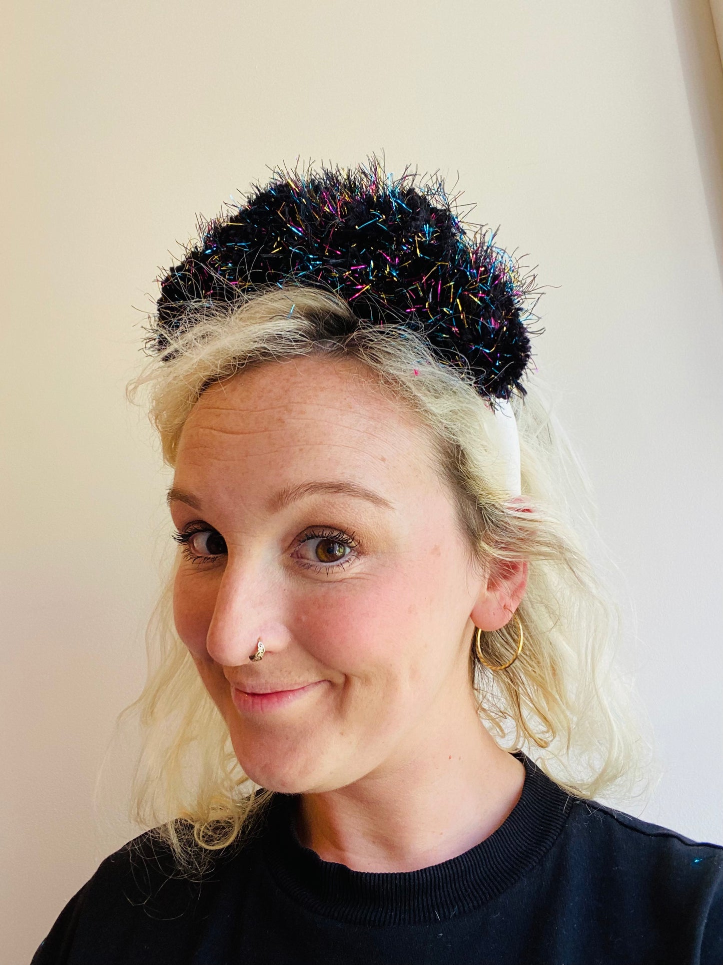 Black and rainbow sparkle pom pom headband