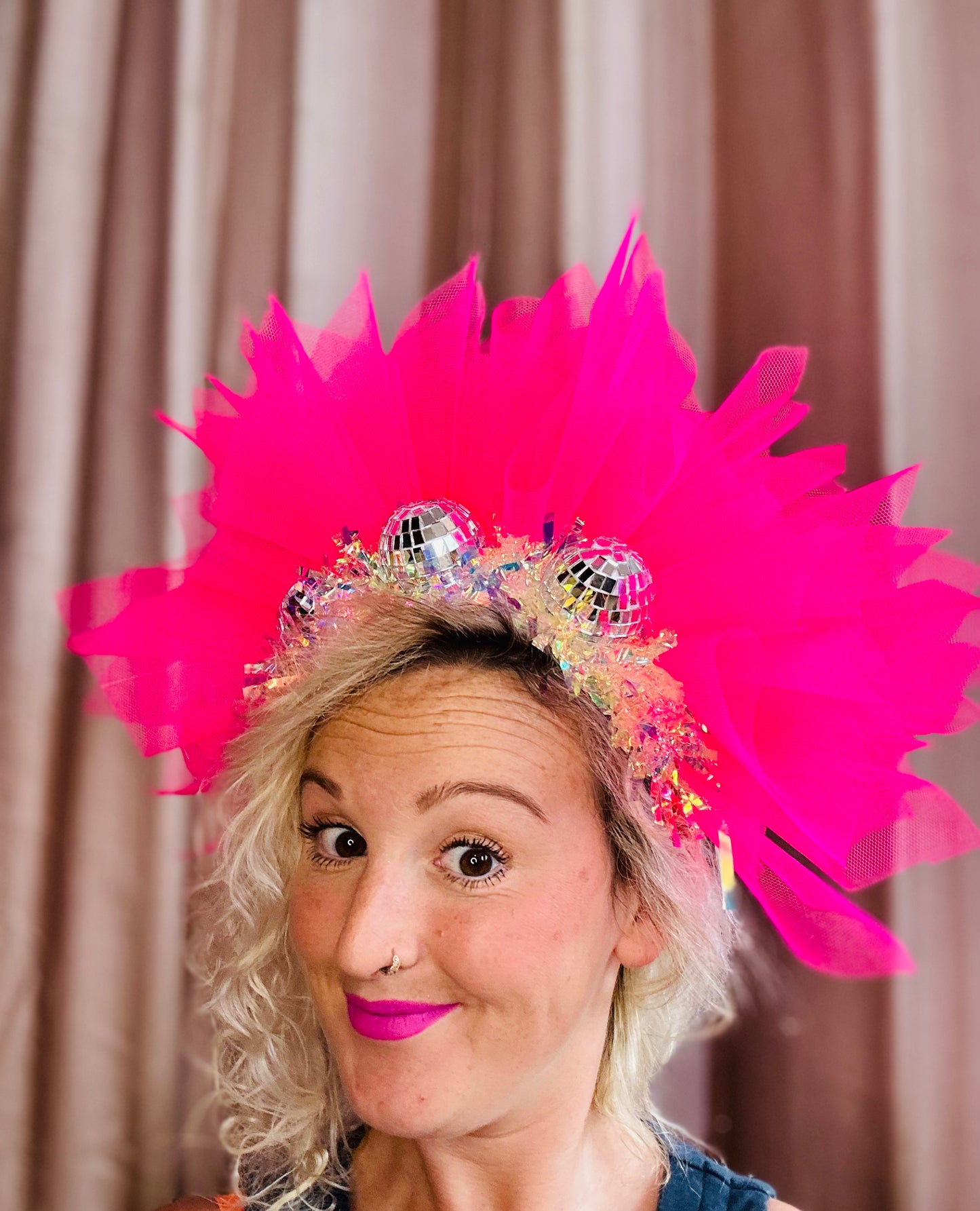 Disco ball Barbie pink net headband with iridescent sparkle!