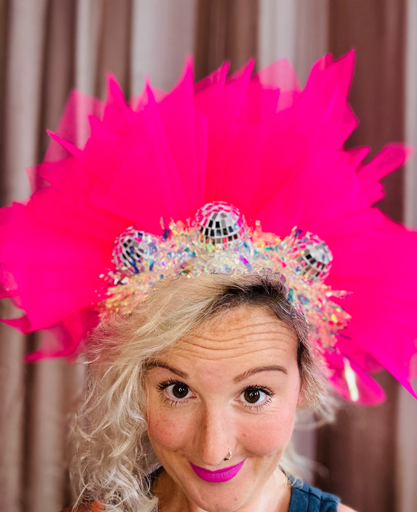 Disco ball Barbie pink net headband with iridescent sparkle!