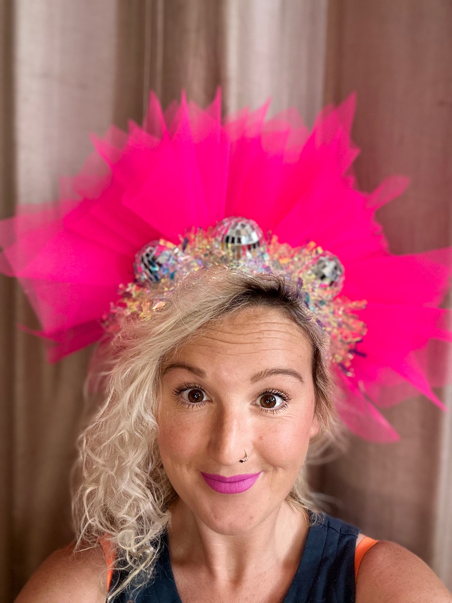 Disco ball Barbie pink net headband with iridescent sparkle!