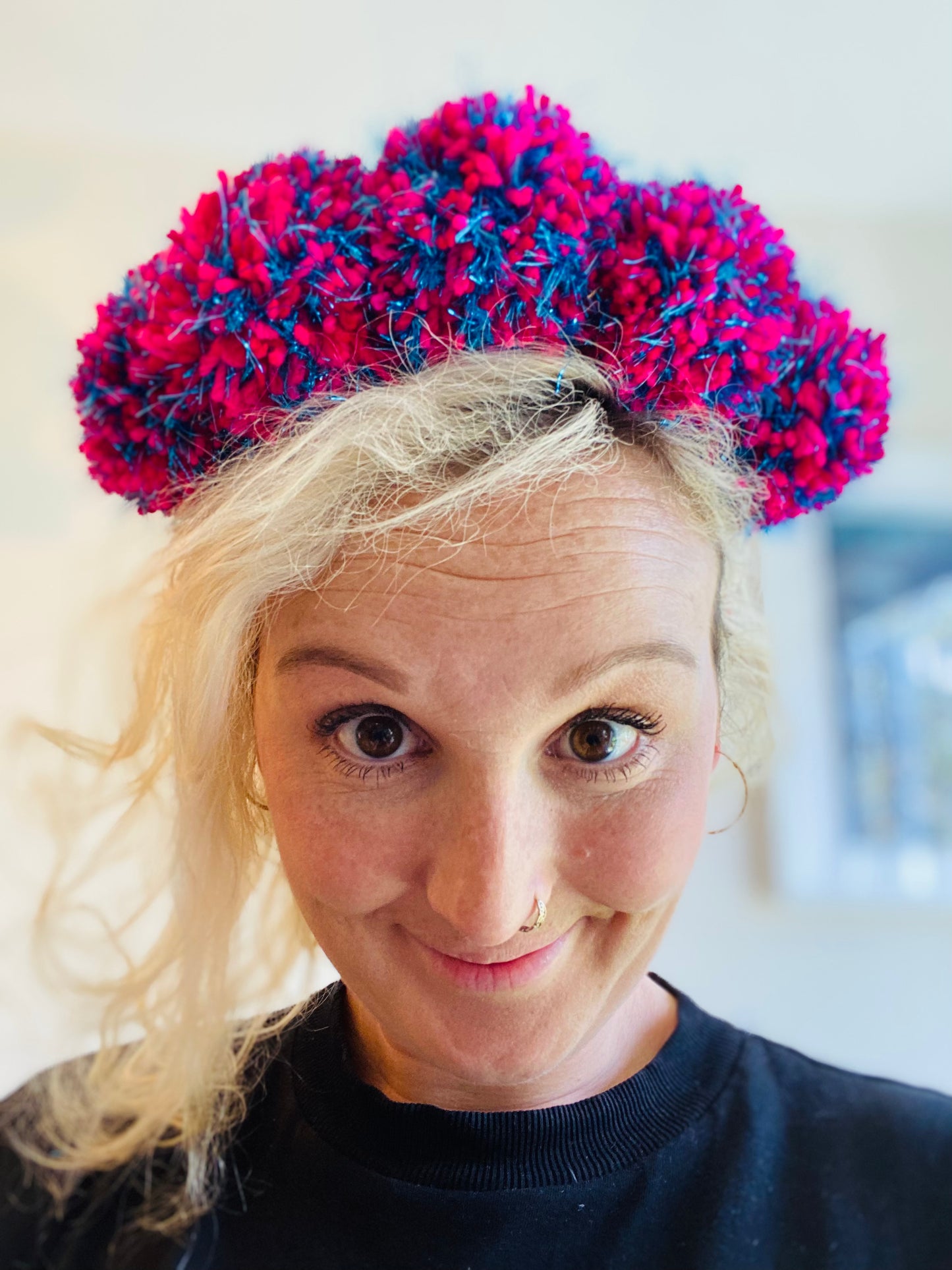Pink and blue sparkle pom pom headband