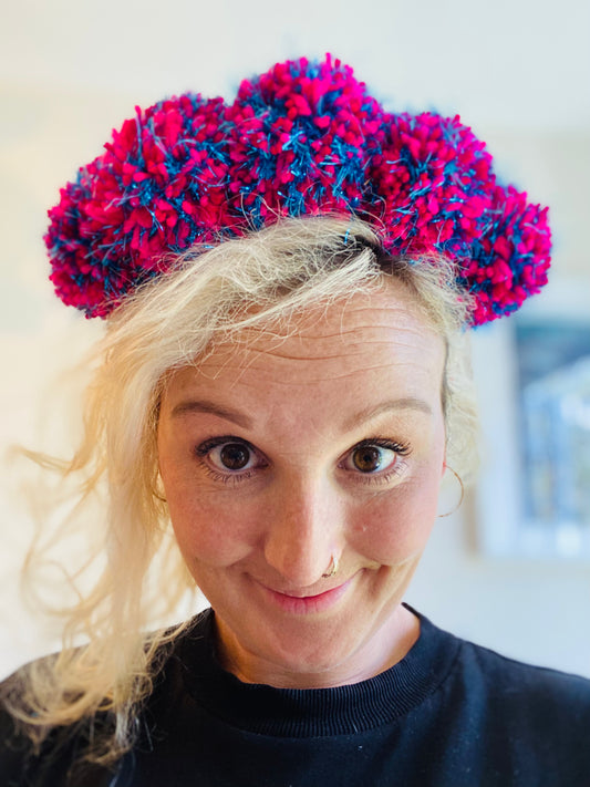 Pink and blue sparkle pom pom headband