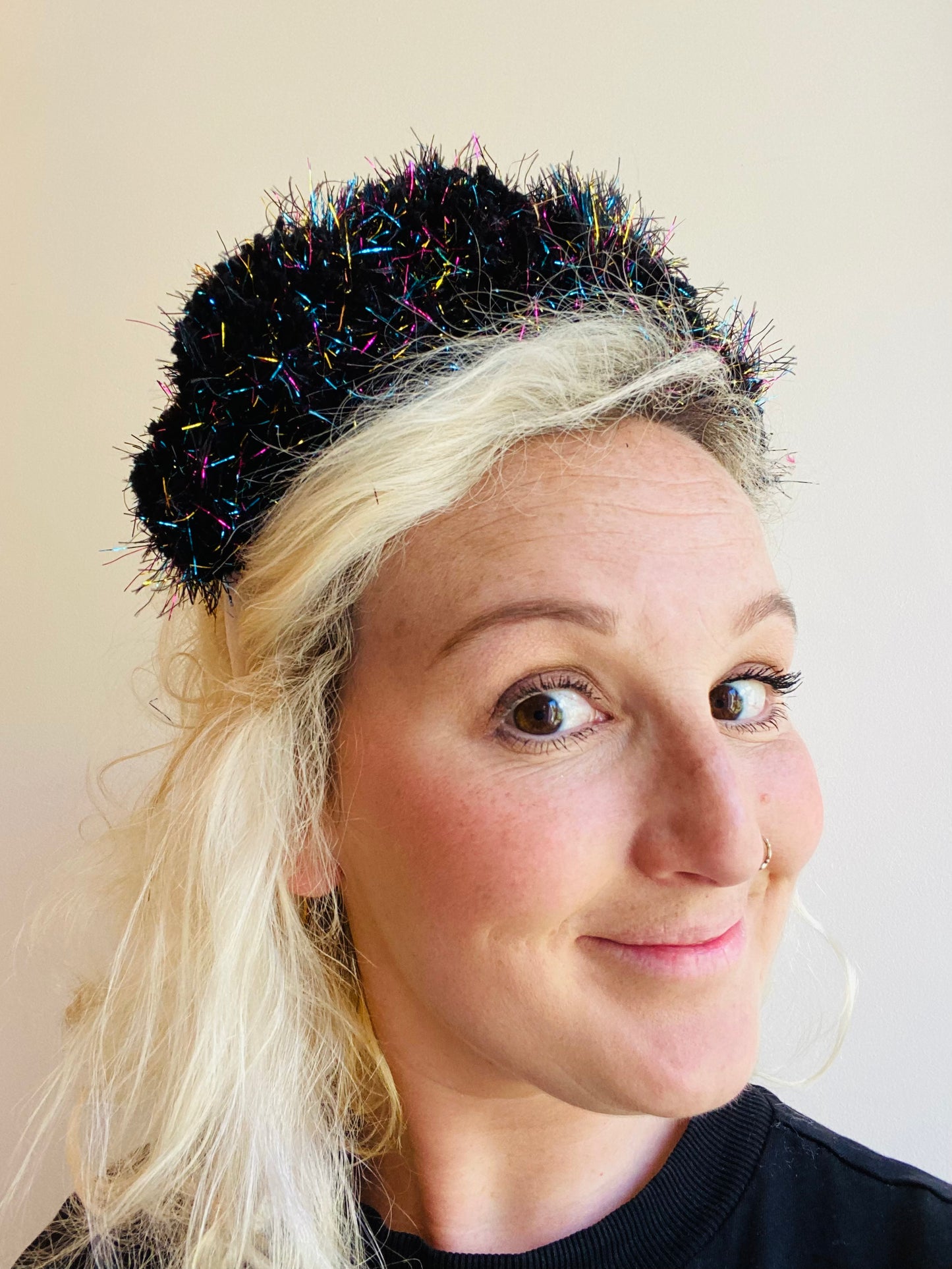 Black and rainbow sparkle pom pom headband