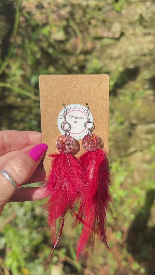 Apollo resin and feather fire red handmade earrin