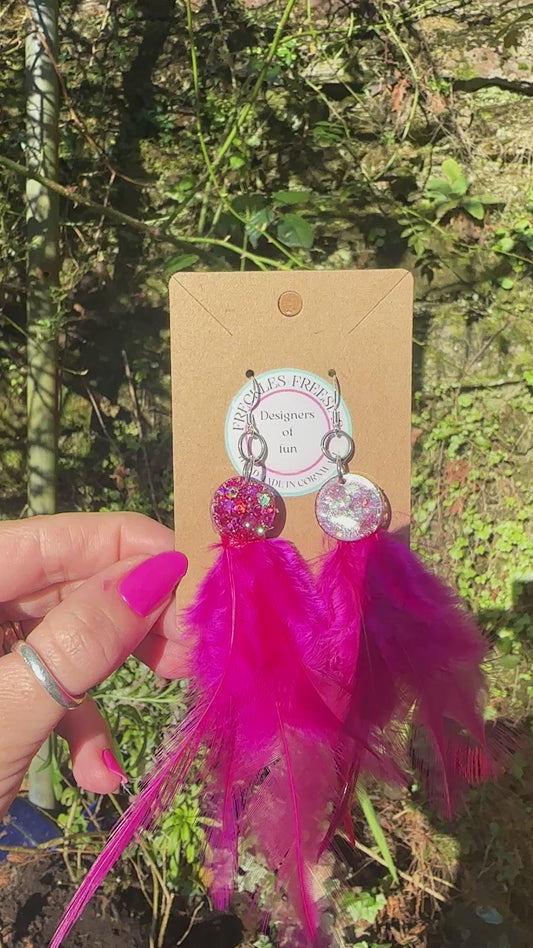 Apollo resin and feather hot pink handmade earrings