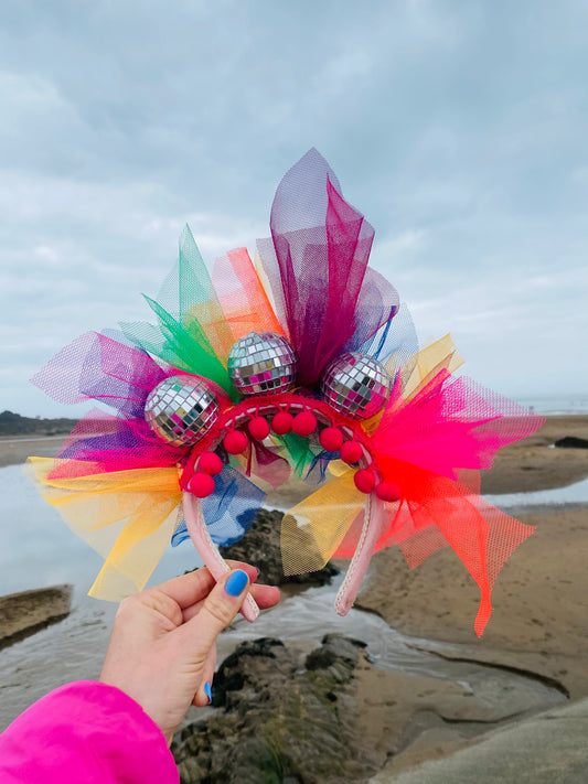 Disco ball headband with rainbow net! Multi colour, carnival, festival, hairband, head band, mirror ball, glitter ball