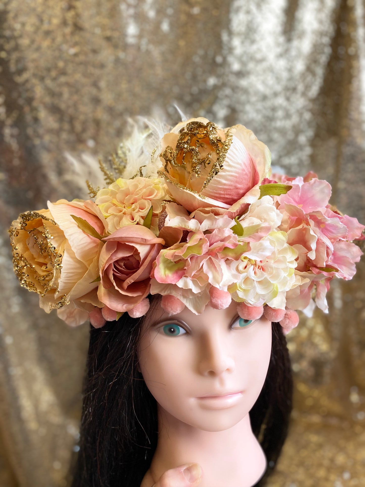 Coral and gold flower crown