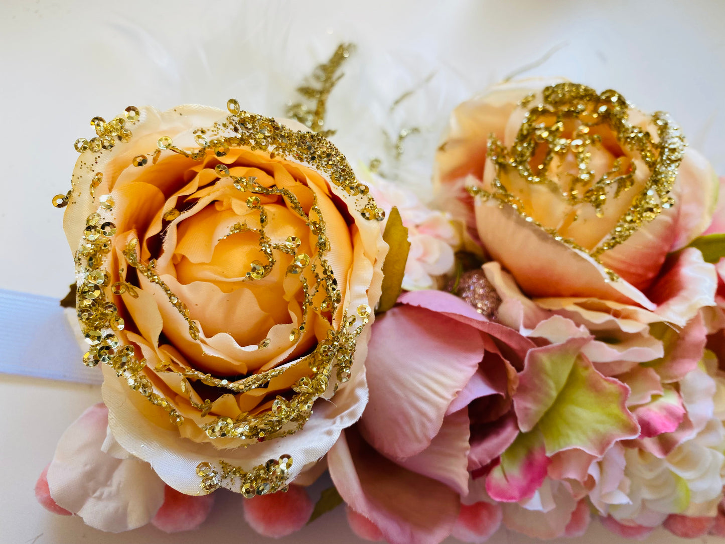 Coral and gold flower crown