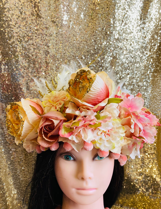 Coral and gold flower crown