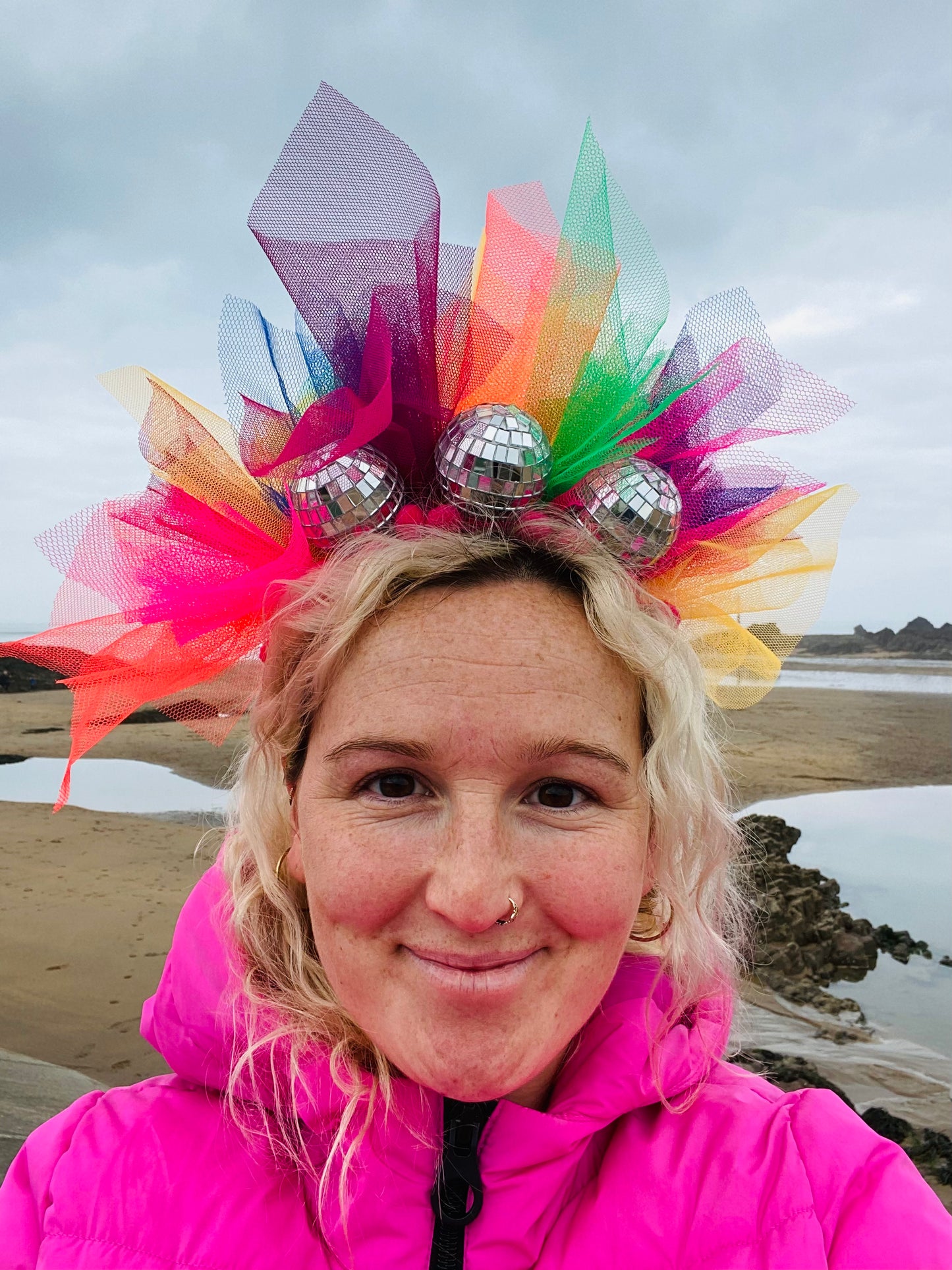 Disco ball headband with rainbow net! Multi colour, carnival, festival, hairband, head band, mirror ball, glitter ball