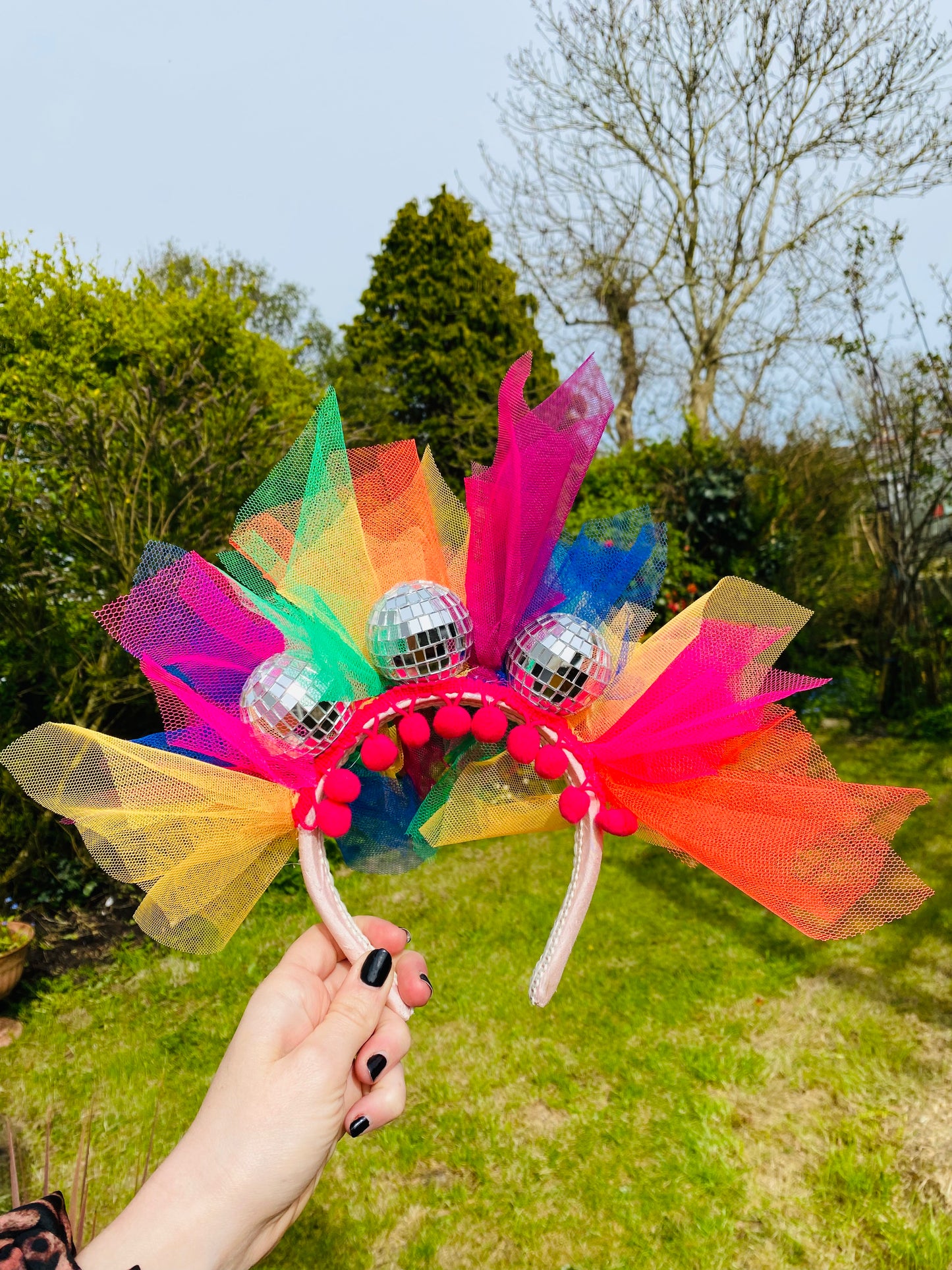Disco ball headband with rainbow net! Multi colour, carnival, festival, hairband, head band, mirror ball, glitter ball
