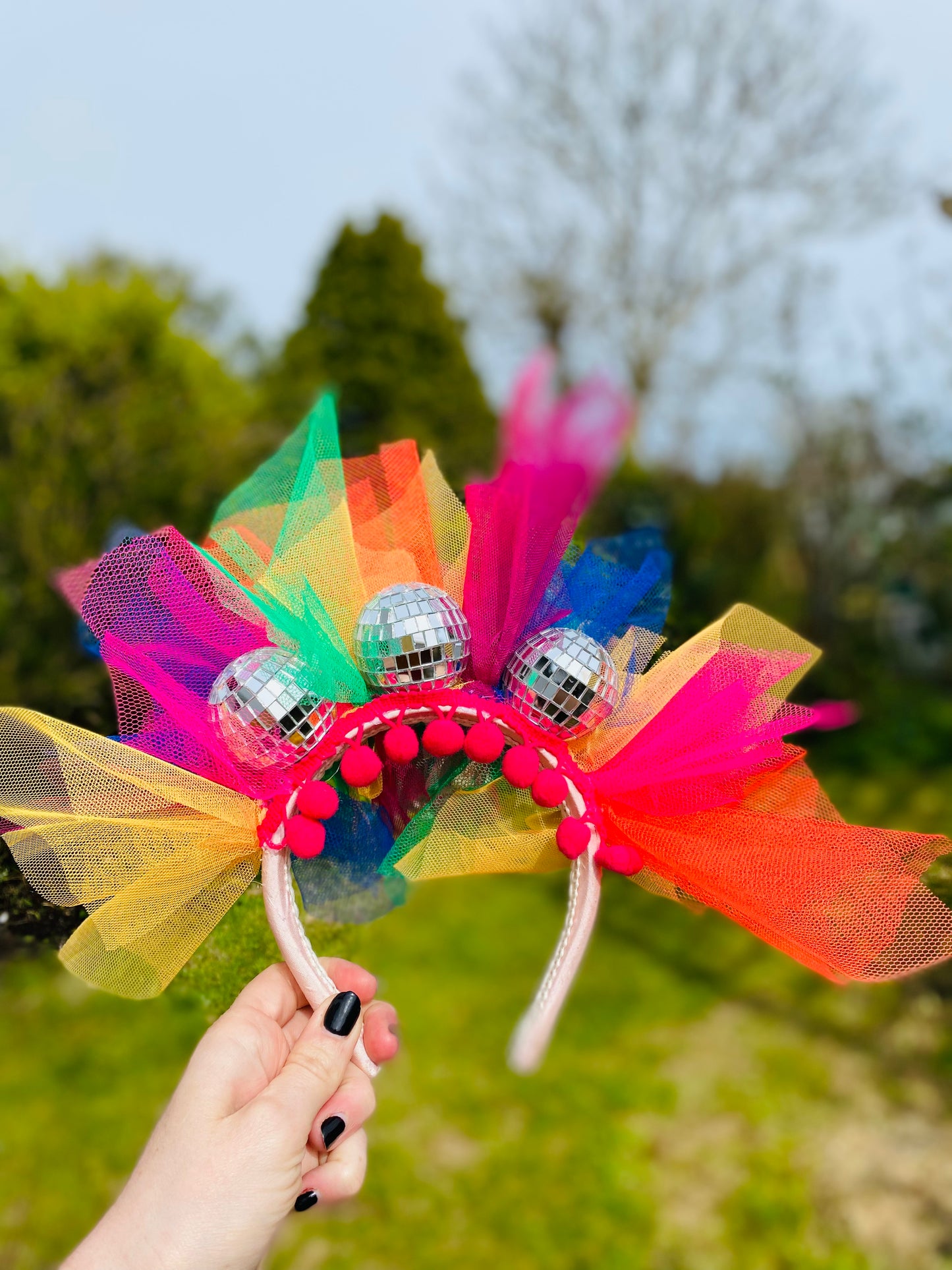 Disco ball headband with rainbow net! Multi colour, carnival, festival, hairband, head band, mirror ball, glitter ball