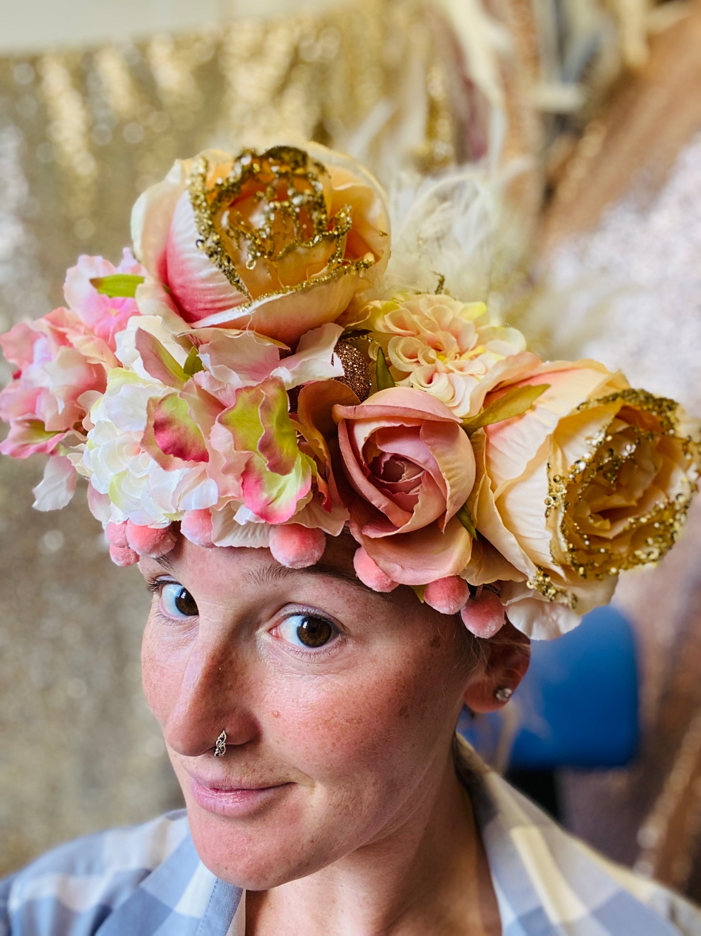 Coral and gold flower crown