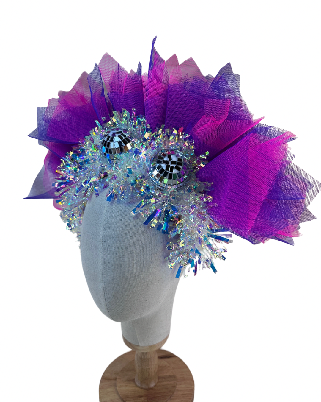 Disco ball net headband with iridescent sparkle - pink & purple UV