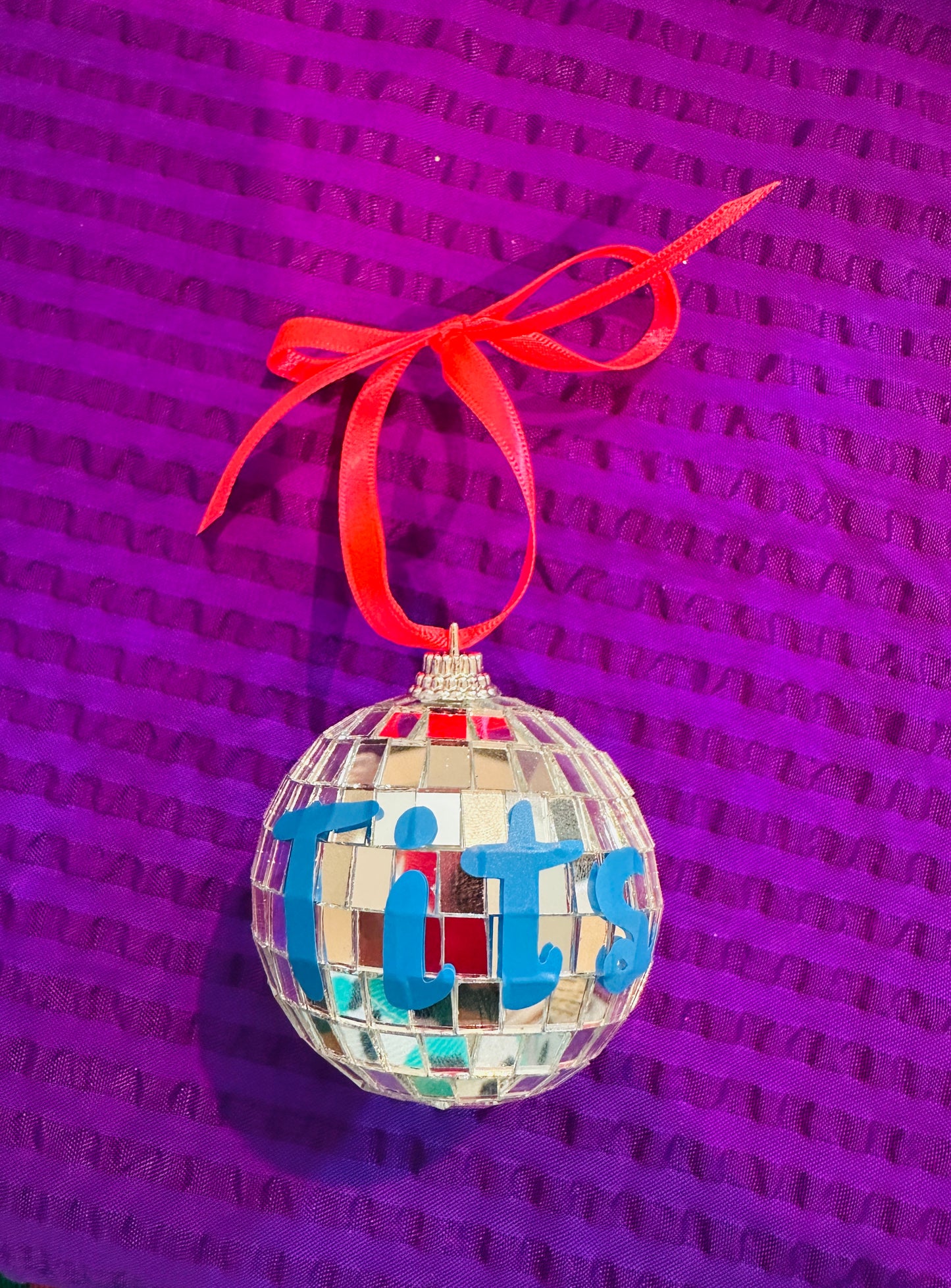 Sweary disco ball bauble, Christmas, decoration, kitsch, neon, handmade, personalised, custom, adult, mature, swear, handmade