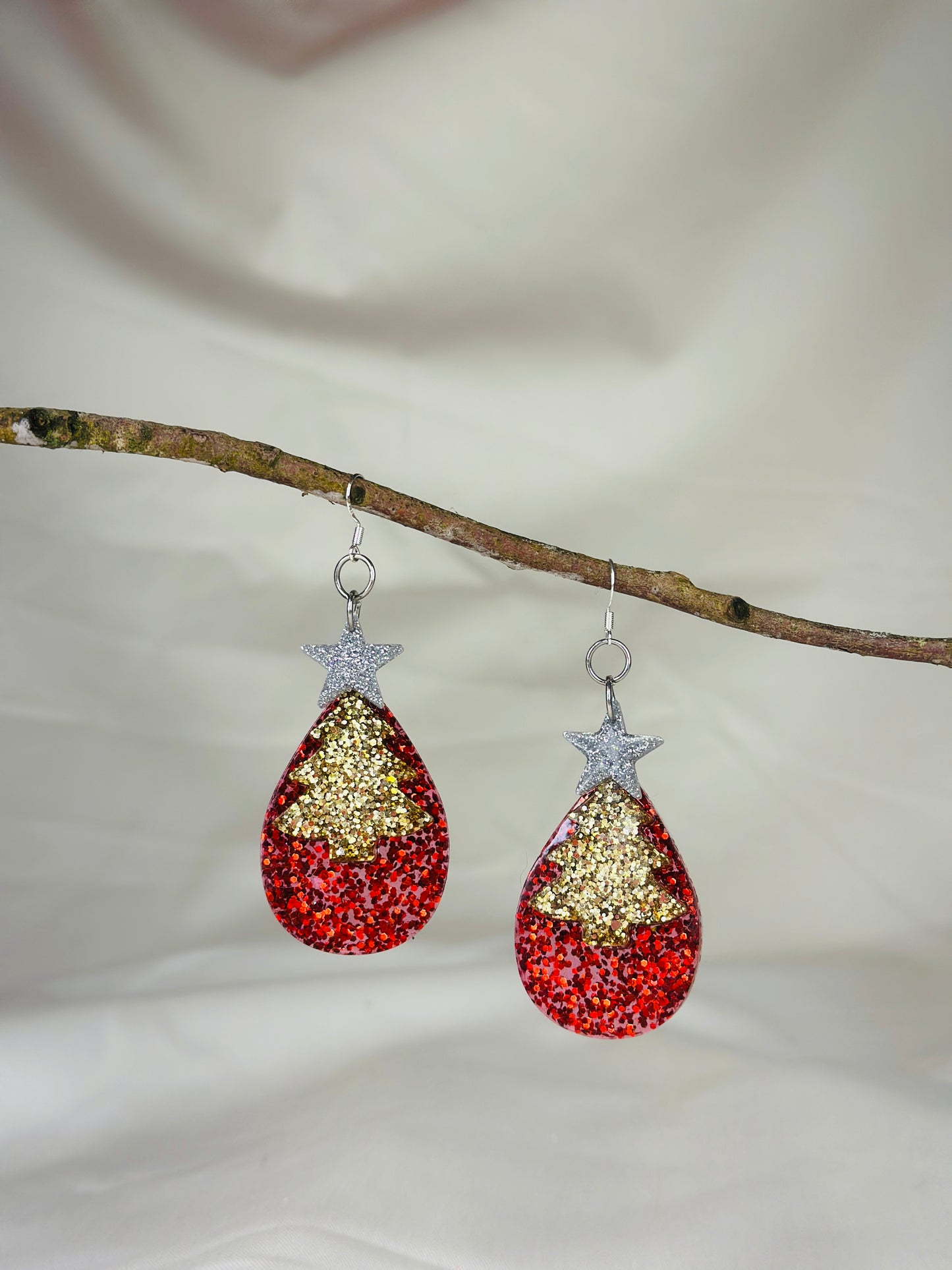 Handmade resin Christmas tree glitter earrings