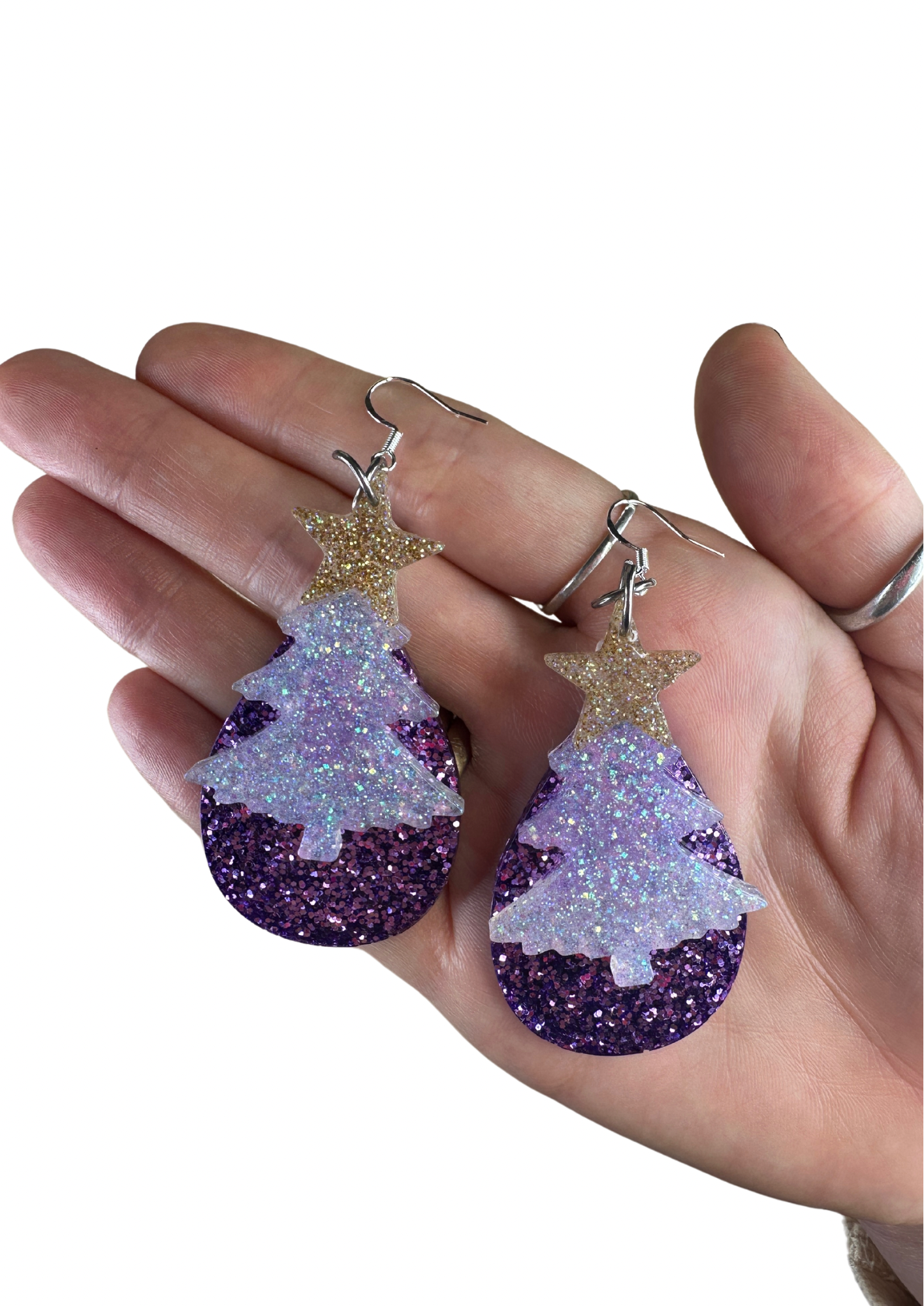 Handmade resin Christmas tree glitter earrings