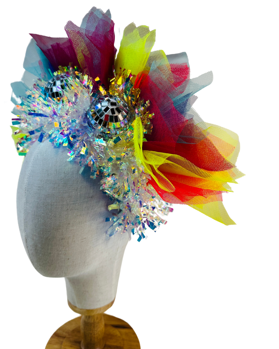 Disco ball net headband with iridescent sparkle - maroon, blue, red, yellow UV