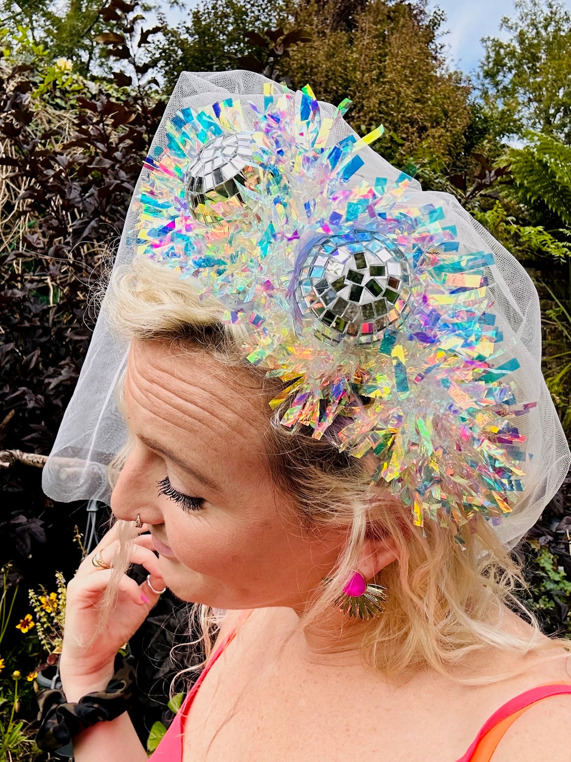 Hen do Disco Time headband! Veil, disco balls, bachelorette, party, bride, wedding, iridescent