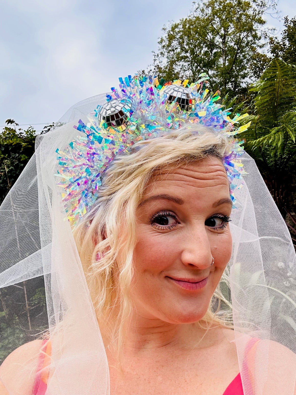 Hen do Disco Time headband! Veil, disco balls, bachelorette, party, bride, wedding, iridescent