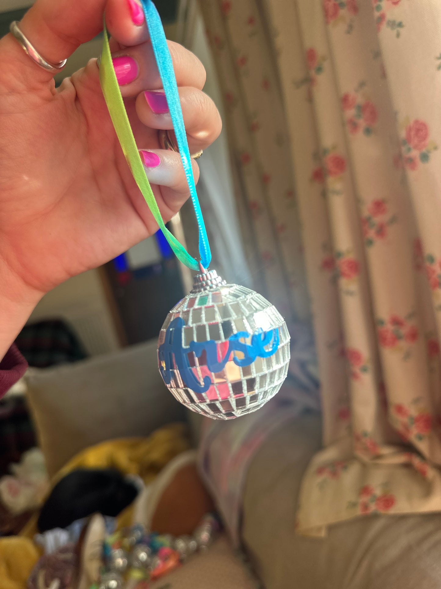 Sweary disco ball bauble, Christmas, decoration, kitsch, neon, handmade, personalised, custom, adult, mature, swear, handmade