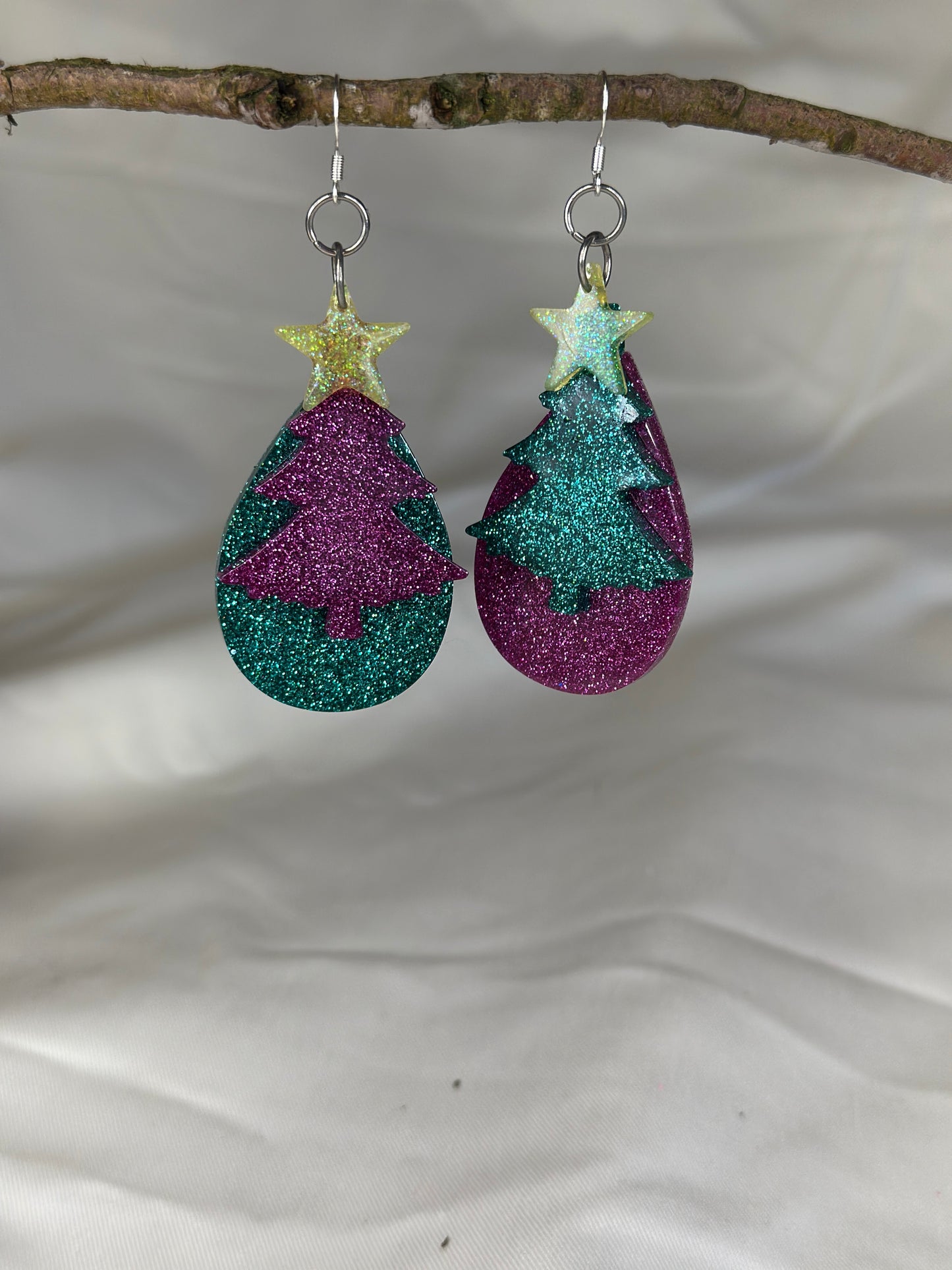 Handmade resin Christmas tree glitter earrings