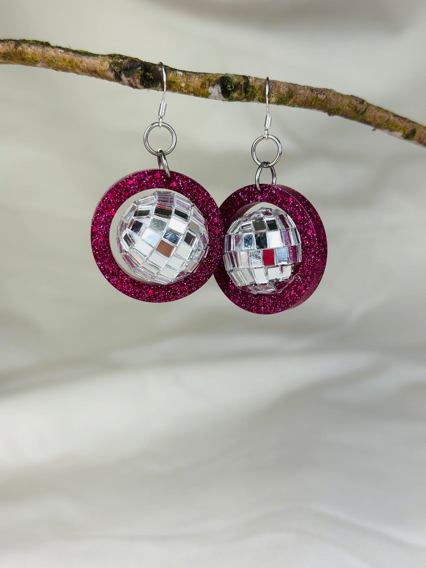 Disco ball glitter pink handmade earrings - Christmas party, secret Santa, festival